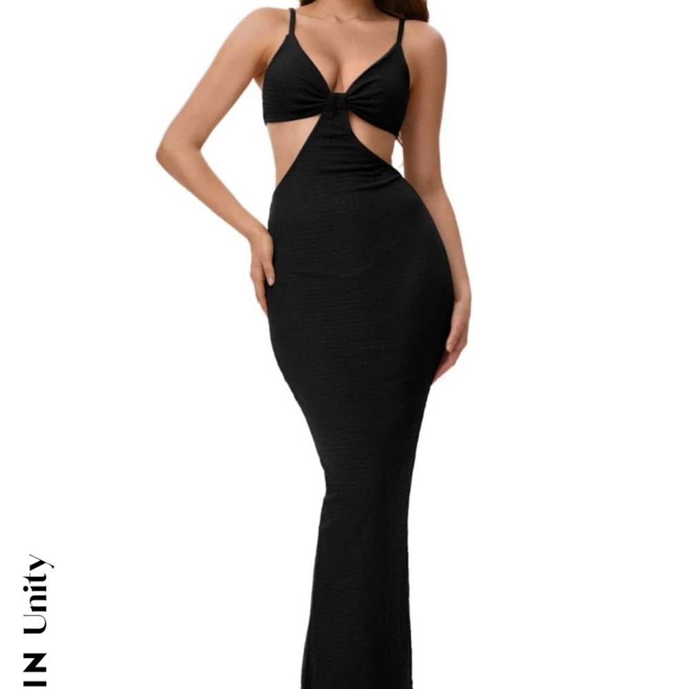 cutout solid color black split hem dress